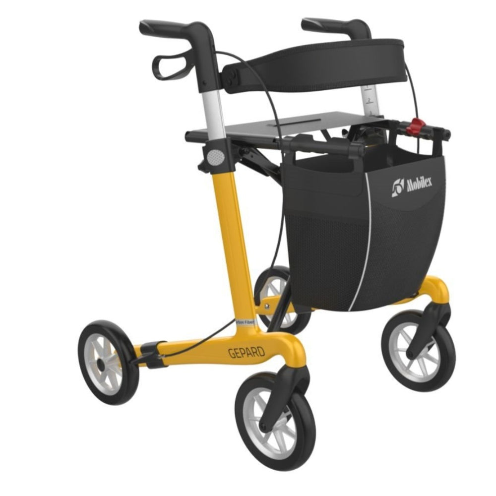 Mobilex Gepard Carbon Rollator Geel: Ultralicht, Eenzijdig Geremd, Softwielen & Comfort